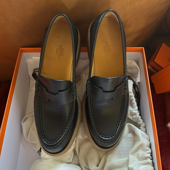 Hermes Fanny H Platform Loafers Noir Leather Womens EU 38 US 9 NIB - Picture 6 of 8